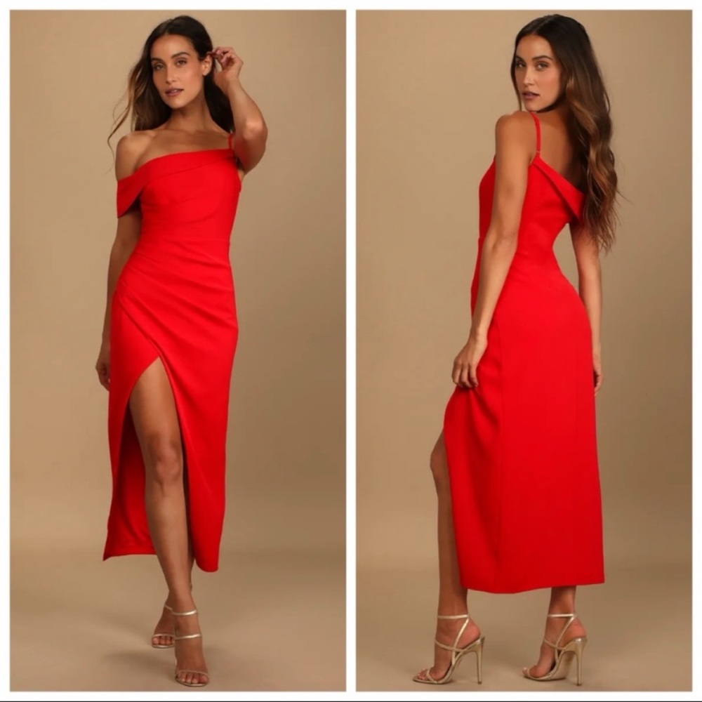 Lulus Showing Off a Little Red Asymmetrical Tulip Midi Dress - XS
